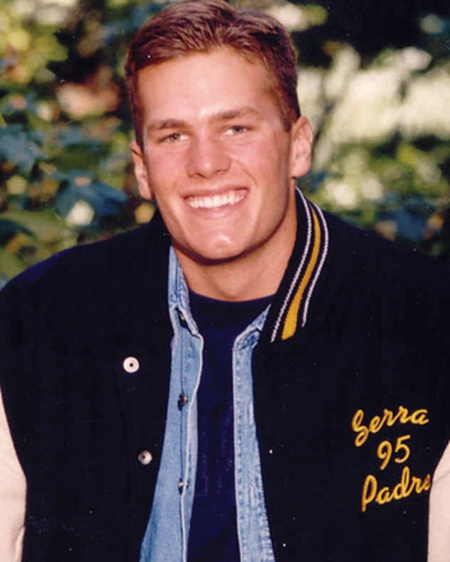 Tom Brady in a Serra High School letterman jacket